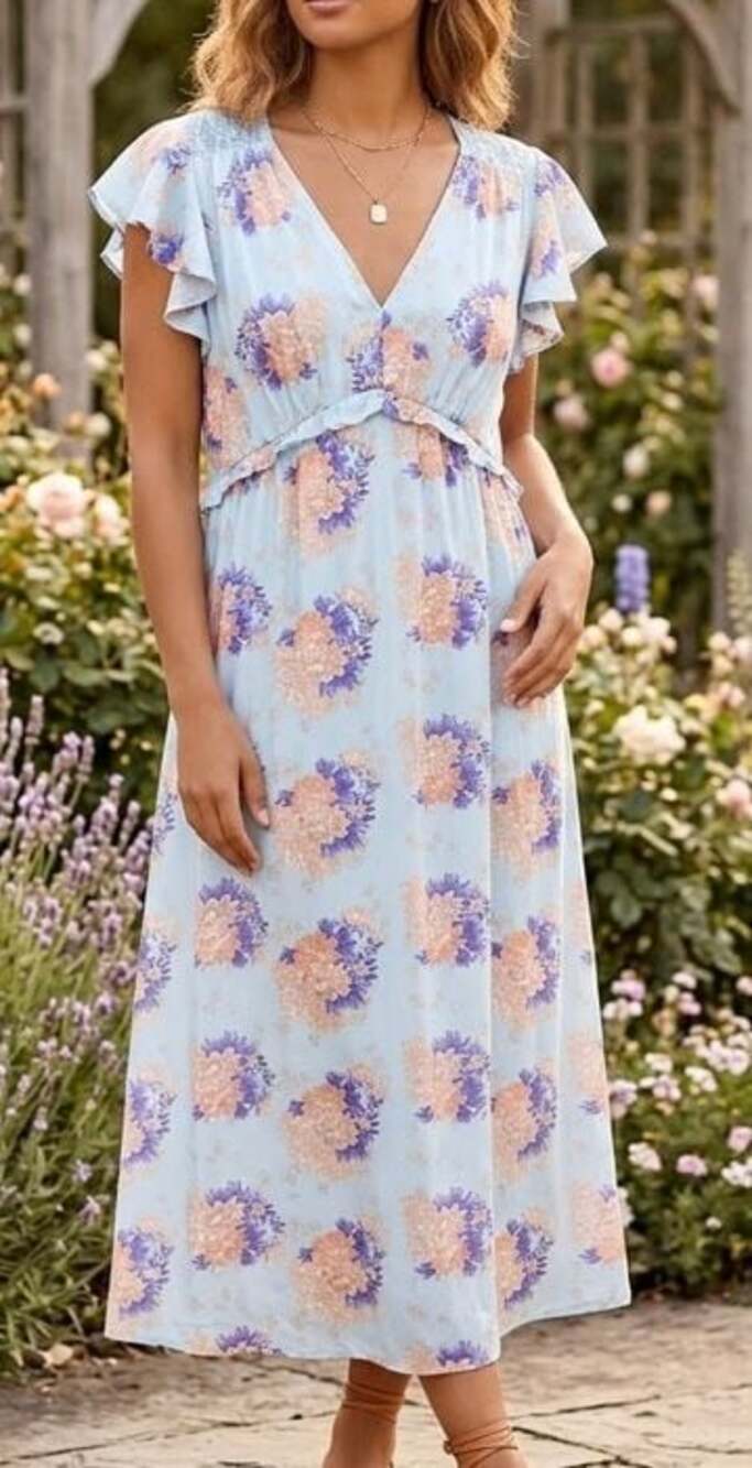 Suzanne Betro Light Blue Floral V-Neck Maxi Dress with Flutter Sleeves